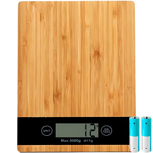Retoo Digitale Küchenwaage Bambus Digitalwaage LCD-Display Haushaltswaage bis zu 5 kg Sensorberührung Taschenwaage mit Batterien Tara Funktion Feinwaage 23x16,1x2,2cm Hohe Präzision von Retoo