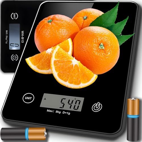 Retoo Digitale Küchenwaage bis zu 5 kg Tragkraft mit 1-g-genau und gehärtetes Glas, Digitalwaage mit Zuwiegefunktion & leicht ablesbarer LCD-Anzeige, Haushaltswaage mit Tara, Schwarz Essenswaage von Retoo