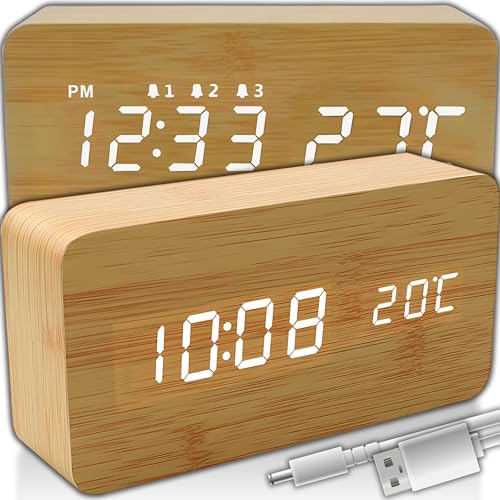 Retoo Wecker Digital Holz, LED Tischuhr mit Temperaturanzeige Klar Display Datum, Alarm für Schlafzimmer, Büro, moderner Schreibtischwecker mit USB-Kabel oder Batteriebetrieb von Retoo