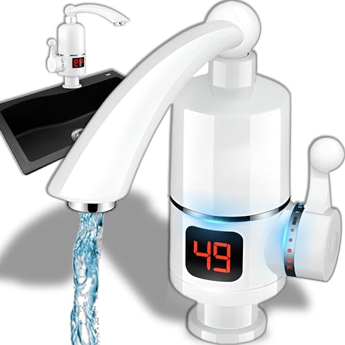 Retoo Elektrische Wasserhahn mit Durchlauferhitzer, Digitale LCD Temperaturanzeige, 220V Armatur Warmwasserbereiter 3000W für Küche, Garten, Camping, Wohnwagen, Küchenarmatur, Wasserboiler, Weiß von Retoo