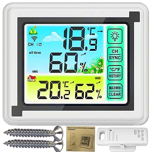 Retoo Funkwetterstation Wetterstation, Digital Farbdisplay Innen und Außen Thermometer Hygrometer und Funk-Außensensor, Wettervorhersage mit Außensensor, Luftfeuchte 20%-95% 114x24x96mm, Weiss von Retoo