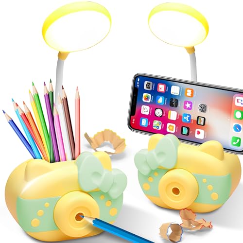 Retoo Gelb LED Schreibtischlampe für Kinder mit Spitzer, stifthalter und handyhalter, 4 in 1, Augenfreundlich Leselampe, USB, Geschenk für Mädchen, Tischlampe, Schreibtischleuchte, Leselampe von Retoo