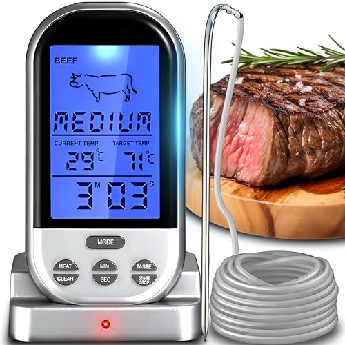 Retoo Grillthermometer Digitales Thermometer Kabellos, Bratenthermometer, Fleischthermometer Ofenthermometer für Grill, Backen, Braten, BBQ, Temperaturbereich bis 250°C, Ofensonde 1M von Retoo