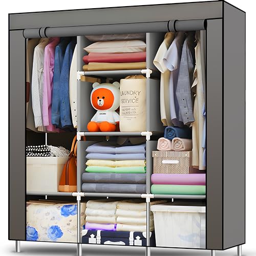 Retoo Kleiderschrank Einfach aus Stoff, Faltschrank mit Reißverschluss Stoffschrank Kleiderschrank mit 2 Kleiderstange und Ablagen, Faltbare Garderobe für Schlafzimmer, 45x125x168cm von Retoo