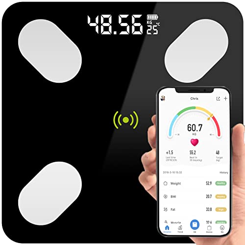Retoo Körperfettwaage Personenwaage Digital mit Körperanalysewaage Waage Personen Bluetooth Gehärtetes Glas Smart Waage für Muskelmasse Körperfett BMI Wasser Skelettmuskel Schwarz von Retoo