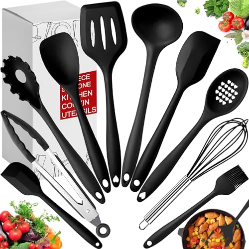 Retoo Silikon Küchenhelfer Set, 10 Stück Kochutensilien Kochgeschirr, Hitzebeständig, BPA-frei, Antihaft mit Ergonomischen Griffen, Spülmaschinengeeignet, Inklusive Aufbewahrungsbox, Schwarz von Retoo