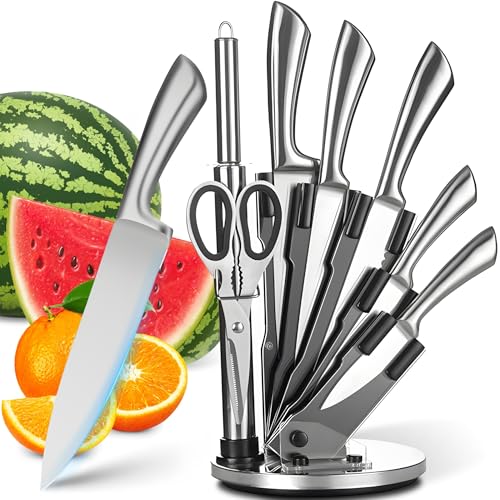 Retoo Messerblock Brotmesser Chefmesser Gemüsemesser 5 Messer 1 Gemüseschere 1 Schaber 1 Messerschärfer 1 Messerständer Küchenmesserset Schneidemesser Brotmesser Messerscheide Silber von Retoo