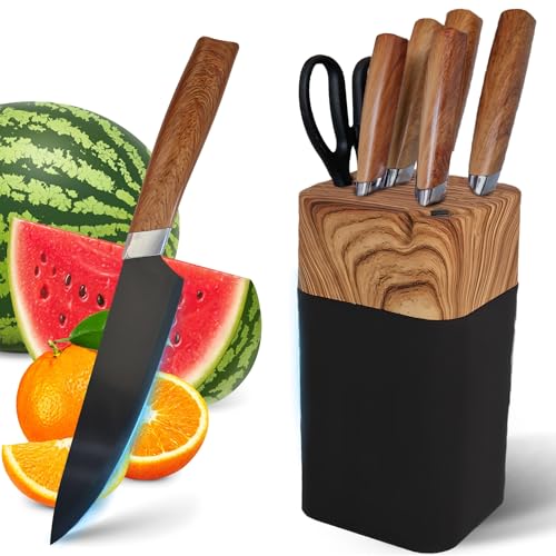 Retoo Messerblock Brotmesser Chefmesser Gemüsemesser 5 Messer 1 Gemüseschere Messerständer Küchenmesserset Schneidemesser Brotmesser von Fleisch Gemüse Obst Messerscheide Holz Schwarz von Retoo