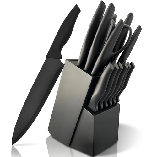 Retoo Messerset 16tlg Messerblock Küchenmesser Set, Kochmesser Set Edelstahl, Präzisionsklingen, Kratzen Beständig, Nicht -Stick, Rostfreier Edelstahl, Scharfe Klingen, Profi, Schwarz von Retoo