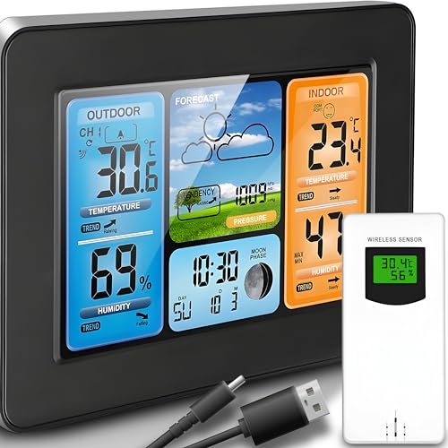 Retoo Wetterstation Funk mit Außensensor und Digital Farbdisplay Multifunktionale FunkWetterstation mit Wettervorhersage,Thermometer,Hygrometer,Barometer, Mondphase, 60m Reichweite von Retoo