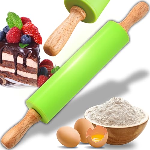 Retoo Nudelholz Silikon Teigroller mit Holzgriff und Antihaft Oberfläche 38 x 5,4 cm, Ermöglicht einfaches Teig ausrollen mit wenig Kraftaufwand Nudelhölzer zum Backen von Pizza von Retoo