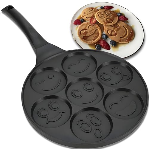 Retoo Pancake Pfanne, 7 lustige KinderMotive, Muster, Smiley, Ø26,5cm, Antihaft Bratpfanne für Pancakes, Pfannkuchenpfanne und für Eier, Schwarze, Farbe von Retoo