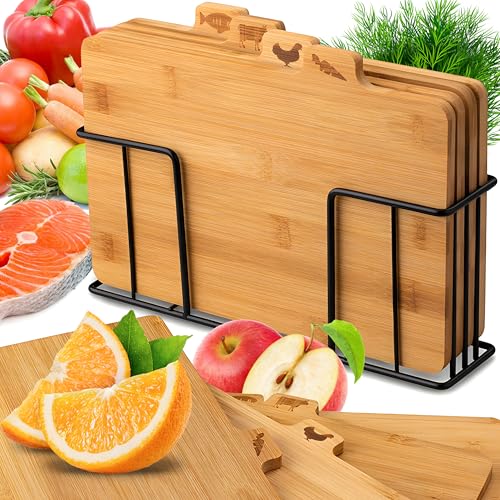 Retoo Schneidebrett Set 4er Bambus Holzschneidebrett Holzbrett Küche Schneidebretter Chopping Board für Brot Fleisch Obst Gemüse Käse Schinken Schneidbrett 28 x 16 cm Metallständer Retoo Schneidebrett Set 4er Bambus Holzschneidebrett Holzbrett Küche Schneidebretter Chopping Board für Brot Fleisch Obst Gemüse Käse Schinken Schneidbrett 28 x 16 cm Metallständer von Retoo