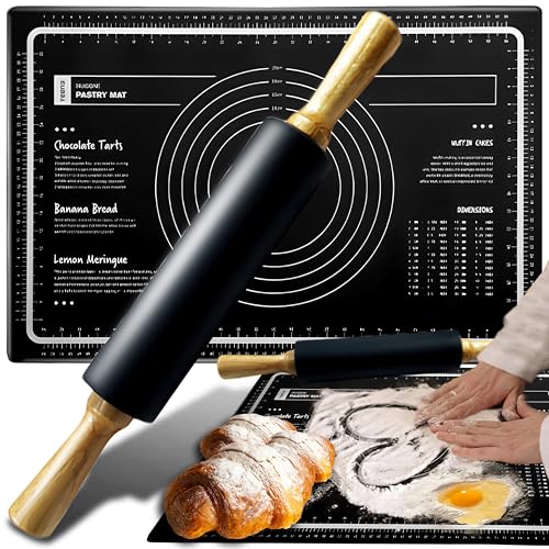 Retoo Silikonmatte Backmatte Backunterlage Silikon mit Messung Antihafte Rutschfeste Ausrollmatte 59,5x40 cm Teigmatte mit einem Nudelholz 38x5 cm für Fondant Pizza Brot Wiederverwendbar Grau von Retoo