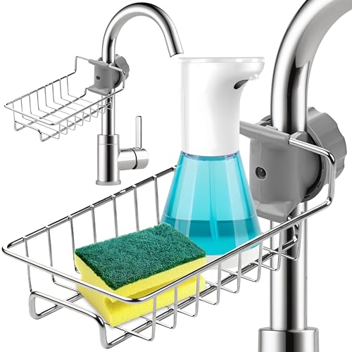 Retoo Spülbecken Organizer für Küche, Küchenarmatur Schwammhalter, Wasserhahn Regal mit Edelstahl Spülorganizer mit für Schwamm, Bürsten Seifenspender, Spüle Caddy Organizer Silber von Retoo