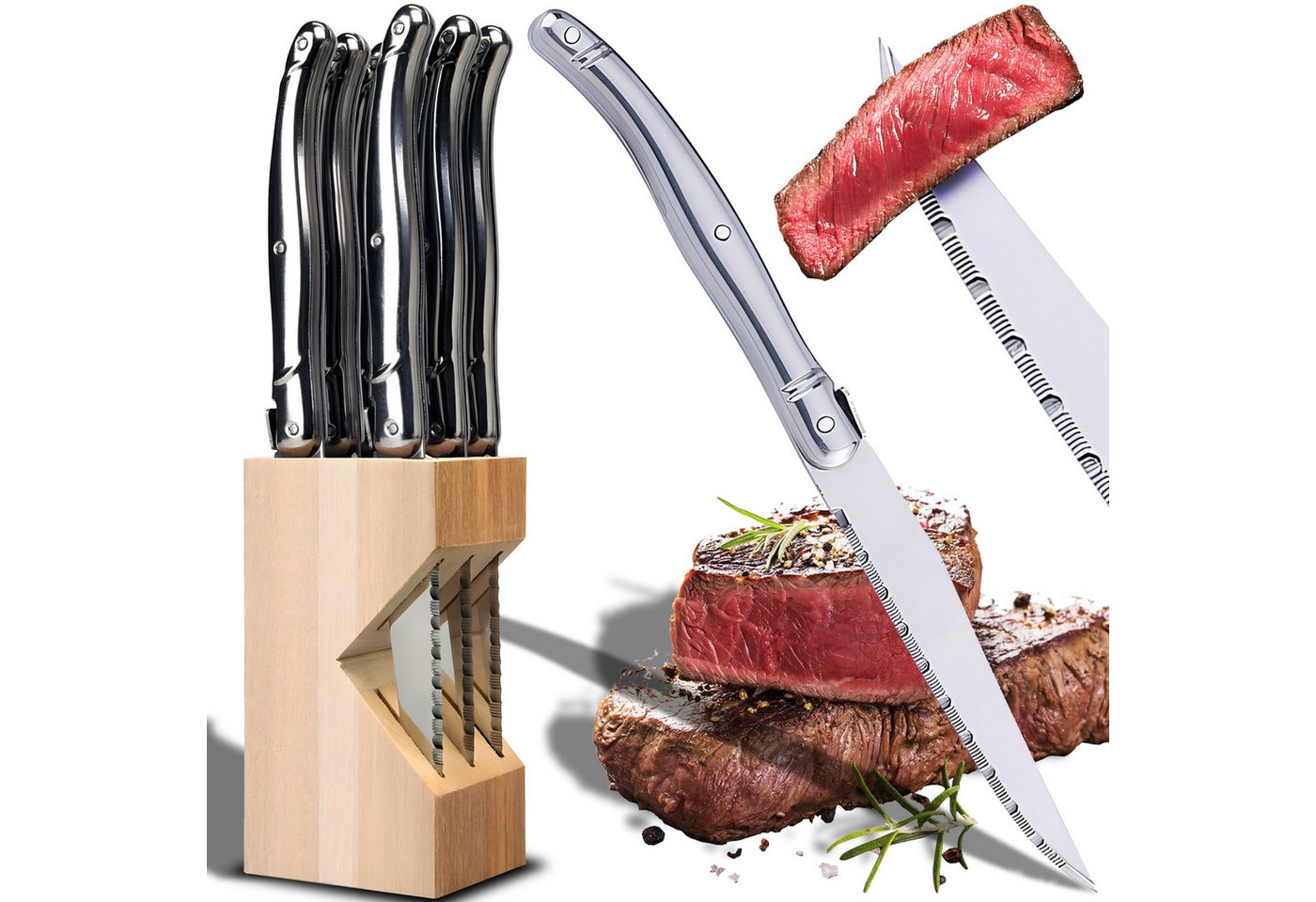 Retoo Steakmesser Küchenmesser Set 6-teilig Messerblock Holz Steakmesserset Messerset Komfortabler Griff, Gezahnte Klinge, Messerblock-Set, Profi-Set von Retoo