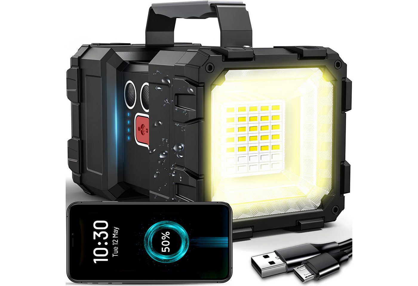 Retoo Taschenlampe Suchscheinwerfer LED Super Hell Wiederaufladbarer Taschenlampe Camping (Set, Suchscheinwerfer USB-Kabel Gebrauchsanweisung), Vielseitige Energieversorgung, Lange Lebensdauer von Retoo