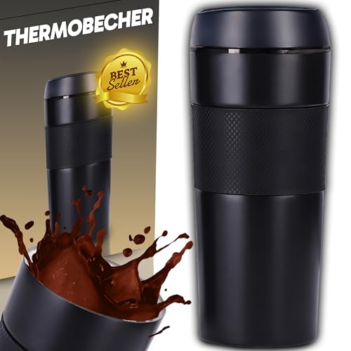Retoo Thermobecher Thermosflasche Isolierbecher Trinkflasche Kaffeebecher 400 ml Reisebecher Becher Thermo Hält Getränke 12h/24h Kalt Auslaufsicher Anti-Rutsch-Beschichtung Edelstahl Schwarz von Retoo