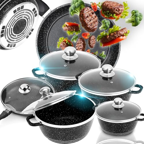 Retoo Topfset Kochtopfset Aluminium Kochgeschirr 12-teilig 4 Kochtöpfe 1 Bratpfanne 5 Glasdeckel 2 Handschuhe Keramische Be-schichtung 20/24/28/32 cm Schwarz von Retoo
