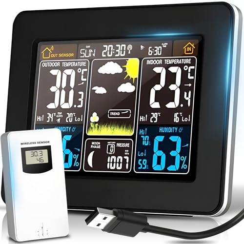 Retoo Wetterstation Funk mit Außensensor, Funkwetterstation mit Wettervorhersage, Wetterstationen Innen und Außentemperatur, Funkthermometer mit Aussensensor Thermometer Hygrometer Barometer Schwarz von Retoo