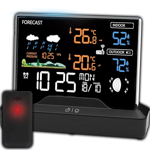 Retoo Wetterstation Funk mit Außensensor Funkwetterstation mit Wettervorhersage Innen und Außen Thermometer Hygrometer Barometer Luftfeuchtigkeit Funkuhr Sensor Reichweite 80m LCD Display Schwarz von Retoo