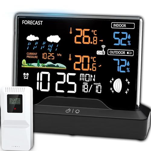 Retoo Wetterstation Funk mit Außensensor Funkwetterstation mit Wettervorhersage Innen und Außen Thermometer Hygrometer Barometer Luftfeuchtigkeit Funkuhr Sensor Reichweite 80m LCD Display Schwarz von Retoo