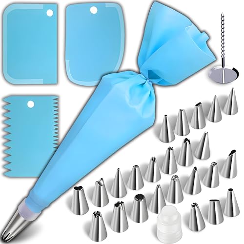 Retoo Spritzbeutel mit Tüllen Spritztüllen Set 33 Stück Wiederverwendbar Torten Zubehör Cupcakes Dekorieren Backzubehör Spritztüte 30 cm Cake Nozzle Set Spritzgebäck Keksen Blau von Retoo