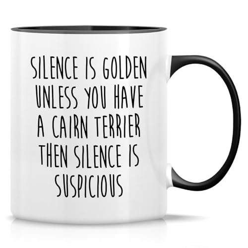 Retreez Lustige Kaffeetasse aus Keramik mit Aufschrift "Silence is suspicious", 325 ml, lustiges Geschenk für Cairn Terrier-Liebhaber und Hundebesitzer, weiße Tasse mit schwarzem Griff und Innenseite Retreez Lustige Kaffeetasse aus Keramik mit Aufschrift "Silence is suspicious", 325 ml, lustiges Geschenk für Cairn Terrier-Liebhaber und Hundebesitzer, weiße Tasse mit schwarzem Griff und Innenseite von Retreez