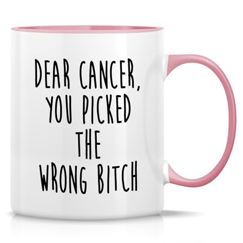 Retreez Lustige Tasse – "Dear Cancer You Picked the Wrong Bitch", Keramik, 325 ml, lustige, motivierende, inspirierende Krebsüberlebende, Genesungsgeschenke, weiße Tasse mit rosa Griff und Innenseite Retreez Lustige Tasse – "Dear Cancer You Picked the Wrong Bitch", Keramik, 325 ml, lustige, motivierende, inspirierende Krebsüberlebende, Genesungsgeschenke, weiße Tasse mit rosa Griff und Innenseite von Retreez