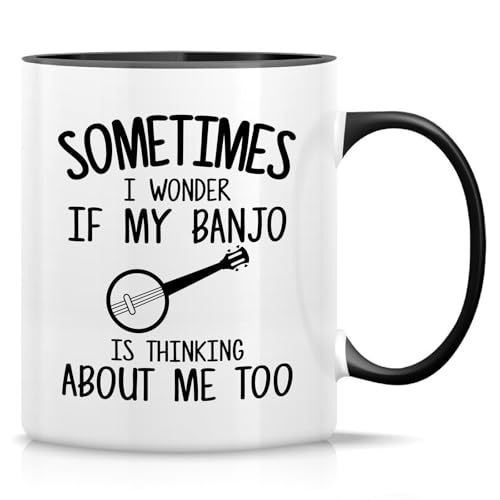 Retreez Lustige Tasse - I Wonder if My Banjo Is Thinking About Me Too Tasse - 325 ml Keramik Kaffee oder Tee Tasse - Lustiges Geschenk für Banjo-Spieler Musiker - Weiße Tasse mit schwarzem Griff und Retreez Lustige Tasse - I Wonder if My Banjo Is Thinking About Me Too Tasse - 325 ml Keramik Kaffee oder Tee Tasse - Lustiges Geschenk für Banjo-Spieler Musiker - Weiße Tasse mit schwarzem Griff und von Retreez