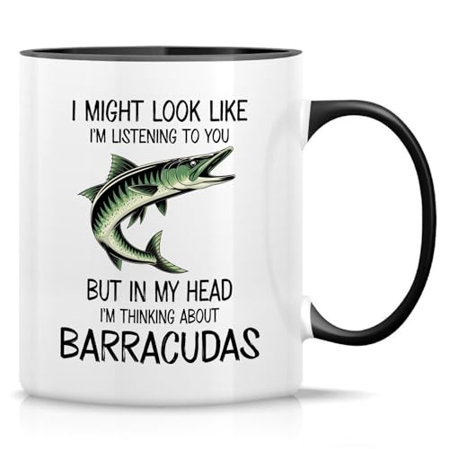 Retreez Lustige Tasse – I'm Thinking About Barracudas Tasse – 325 ml Keramik Kaffee oder Tee Tasse – Lustiges Geschenk für Angler, Taucher, Meeresbiologen – Weiße Tasse mit schwarzem Griff und Retreez Lustige Tasse – I'm Thinking About Barracudas Tasse – 325 ml Keramik Kaffee oder Tee Tasse – Lustiges Geschenk für Angler, Taucher, Meeresbiologen – Weiße Tasse mit schwarzem Griff und von Retreez