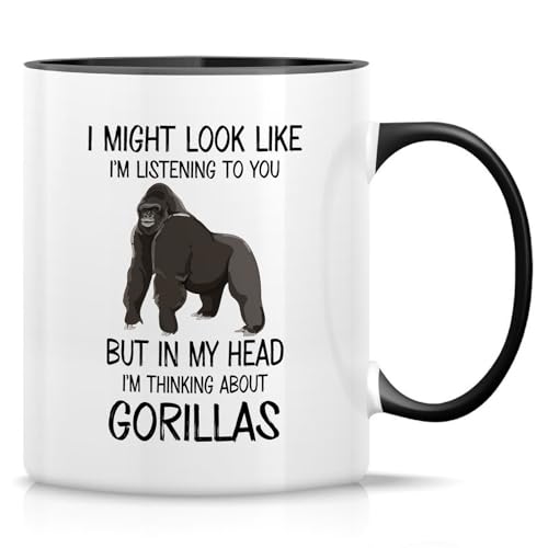 Retreez Lustige Tasse – I'm Thinking About Gorillas Tasse – 325 ml Keramik Kaffee oder Tee Tasse – Lustiges Geschenk für Gorilla-Liebhaber, Wildtier-Enthusiasten, Zookeeper – Weiße Tasse mit schwarzem Retreez Lustige Tasse – I'm Thinking About Gorillas Tasse – 325 ml Keramik Kaffee oder Tee Tasse – Lustiges Geschenk für Gorilla-Liebhaber, Wildtier-Enthusiasten, Zookeeper – Weiße Tasse mit schwarzem von Retreez