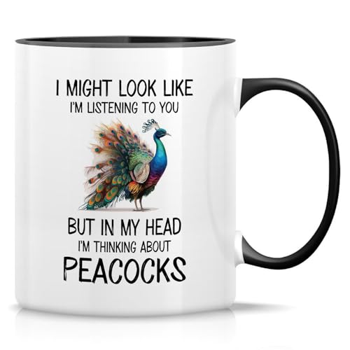 Retreez Lustige Tasse – I'm Thinking About Peacocks Tasse – 325 ml Keramik Kaffee oder Tee Tasse – Lustiges Geschenk für Pfauenliebhaber, Vogelbeobachter, Ornithologen – Weiße Tasse mit schwarzem Retreez Lustige Tasse – I'm Thinking About Peacocks Tasse – 325 ml Keramik Kaffee oder Tee Tasse – Lustiges Geschenk für Pfauenliebhaber, Vogelbeobachter, Ornithologen – Weiße Tasse mit schwarzem von Retreez
