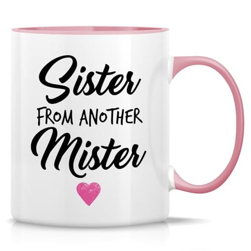 Retreez Lustige Tasse – Sister From Another Mister 325 ml Keramik-Kaffeetassen – lustiger, sarkastischer, motivierender, inspirierender Geburtstagsgeschenke – weiße Tasse mit rosa Griff und Innenseite von Retreez