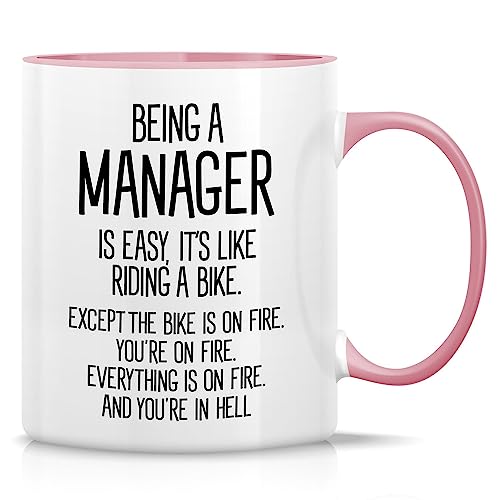 Retreez Lustige Tasse mit Aufschrift "Being A Manager is Easy" aus Keramik, 325 ml, lustig, sarkasmus, motivierend, inspirierend, als Dankeschön-Geburtstagsgeschenk, weiße Tasse mit rosa Griff und von Retreez