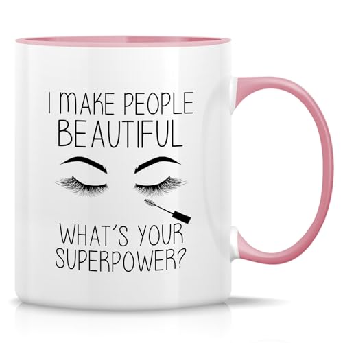 Retreez Lustige Tasse mit Aufschrift "I Make People Beautiful Makeup Artist", 325 ml, Keramik, lustig, sarkastisch, inspirierende Geburtstagsgeschenke, weiße Tasse mit rosa Griff und Innenseite von Retreez