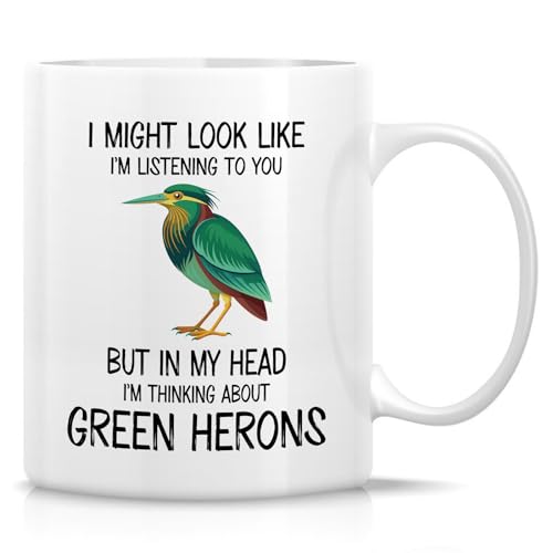 Retreez Lustige Vogeltasse – Ich denke an grüne Reiher-Tasse – 325 ml Keramik-Kaffee- oder Teetasse – lustiges Geschenk für Vogelbeobachter, Grünreiherliebhaber, Ornithologen – Geburtstags von Retreez