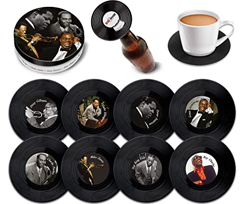 Jazz Legends Mini-Untersetzer-Set aus Schallplatten mit Dose und magnetischem Flaschenöffner von Retro Musique (Miles Davis, Ray Charles, Duke Ellington usw.), 8-teilig von Retro Musique