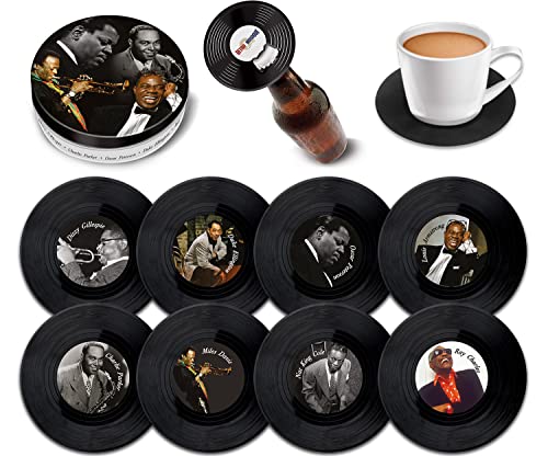 Retro Musique Set mit 8 Vinyl-Untersetzern mit magnetischem Flaschenöffner, tolle Musik-Untersetzer, Bar-Geschenke für Männer und Frauen, fantastisches Geschenk für Musikliebhaber, verpackt in einer von Retro Musique