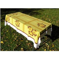 Vintage Gelbe Blumentischdecke, Rechteckige Baumwolltischdecke, Retro Gelb Und Braun Gedruckte Tischwäsche von RetroBerlin