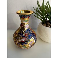 Cloisonné-Emaille Vase, Leuchtende Bunte Blaue Blumen Dragon von RetroCommode