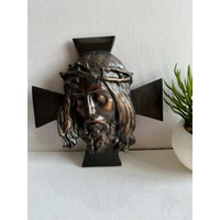 Vintage Cast Metal Jesus Kopf Wandkreuz von RetroCommode