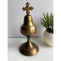 Vintage Dekorative Messing Weihrauchbrenner Kruzifix Religiös von RetroCommode