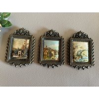 Vintage Drei Mini Seidenbilder in Barocken Rahmen von RetroCommode