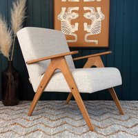 Handgefertigter Mid-Century Modern Sessel Beiges Leinen, Massivholz Handgefertigter Mid-Century Modern Sessel Beiges Leinen, Massivholz von RetroDesignCRO