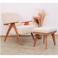 Boucle Set Aus Sessel Und Ottomane, Mid Century, Sherpa-stoff, Handgefertigt von RetroDesignCRO
