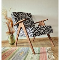 Zebra Sessel, Mid Century Akzent Stühle, Vintage Sessel Schwarz & Weiss Stoff, Handgefertigte Möbel, Kleiner Bequemer Für Wohnzimmer von RetroDesignCRO