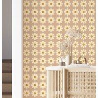 Funky Retro Tapete, Gänseblümchen Akzent Retro Entfernbare Blumentapete, 70Er Jahre Muster Schälen Und Aufkleben von RetroDesignWallpaper