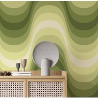 Grüne Wellen Tapete, Olive Vintage Grüne Entfernbare Selbstklebende Funky Waves von RetroDesignWallpaper