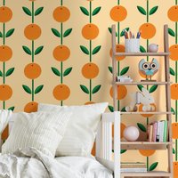 Orange Tapete Schälen Und Kleben, Orangefarbene Blumentapete, Vintage Entfernbare Tapete, Retro Selbstklebende Peel & Stick von RetroDesignWallpaper